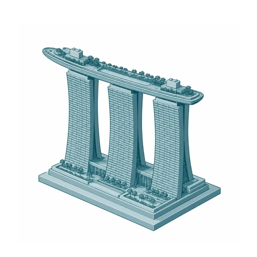 Isometric illustration of the Marina Bay Sands towers and sky deck